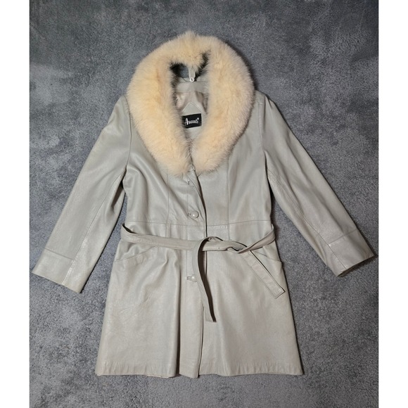 VTG 70s Penny Lane Leather Coat Avanti Real Fox Fur Collar Women's 14 Luxury